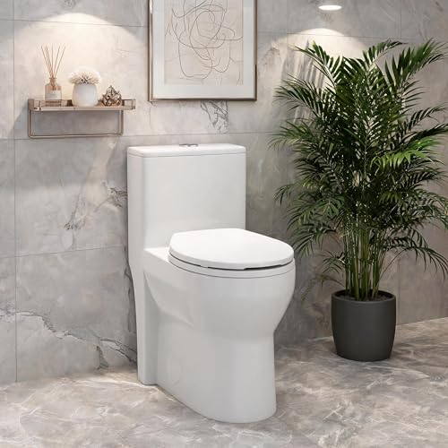 Inodoro de una pieza redondo IDEALHOUSE con asiento de altura ADA (17,5 pulgadas), descarga dual potente de 0,8/1,28 GPF, taza alta con distancia de instalación de 12 pulgadas, color blanco