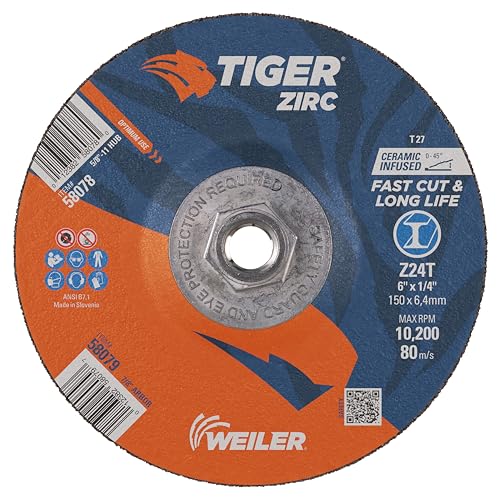 Abrasif Weiler 58078 Tiger Zirc Z24T avec écrous 5/8"-11 dimensions 6 x 1/4" en lot de 10