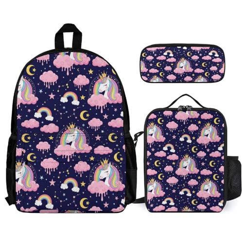 AMRANDOM Backpacks for Unisex Bookbags Lightweight Cute Unicorns Backpack Set with Lunch Bag Makeup Bags