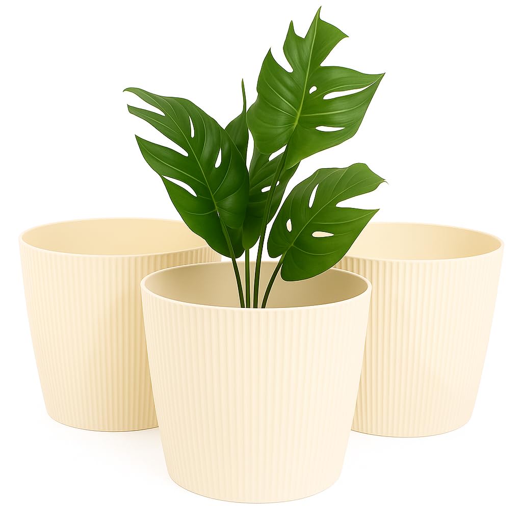 Home Garden Ornaments Creamy Small Plant Pots Indoor – Indoor Plant Pot For Home And Garden, Decorative Striped Set Of 3 Flower Pots (Diameter 15.5Cm, Cream)