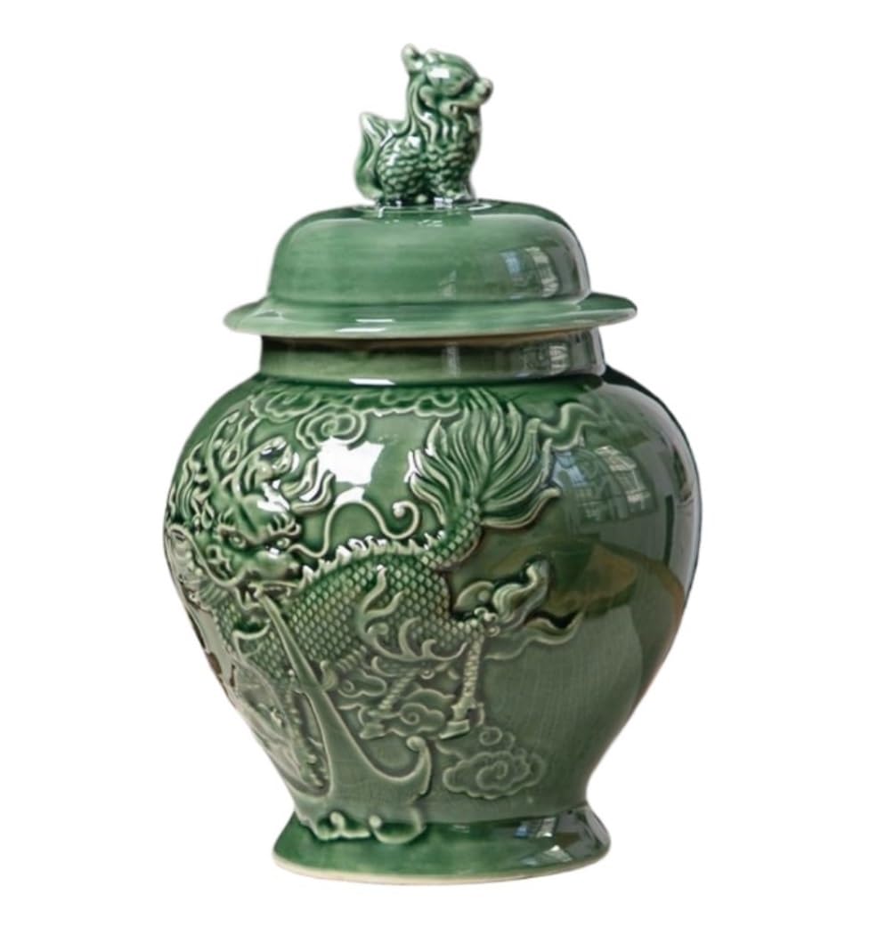 FLYIODFCXV Porcelain Vase with Lid Ceramic Green Floral Print Ginger Jar