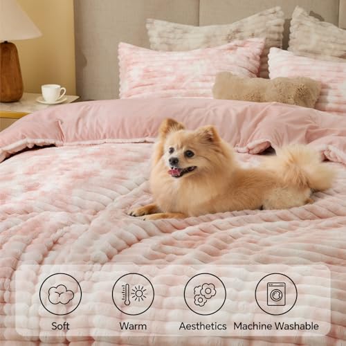 Image of BEDELITE Fleece King Comforter Set -Super Soft & Warm Fluffy Pink&White Bedding, Luxury Fuzzy Heavy Bed Set for All Season with 2 Pillow Cases