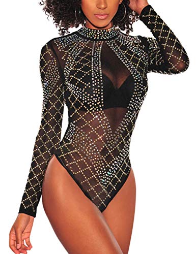 MAYFASEY Damen Sexy Mesh Langarm Strass Trikot Top Jumpsuits Clubwear Body, Schwarz, L