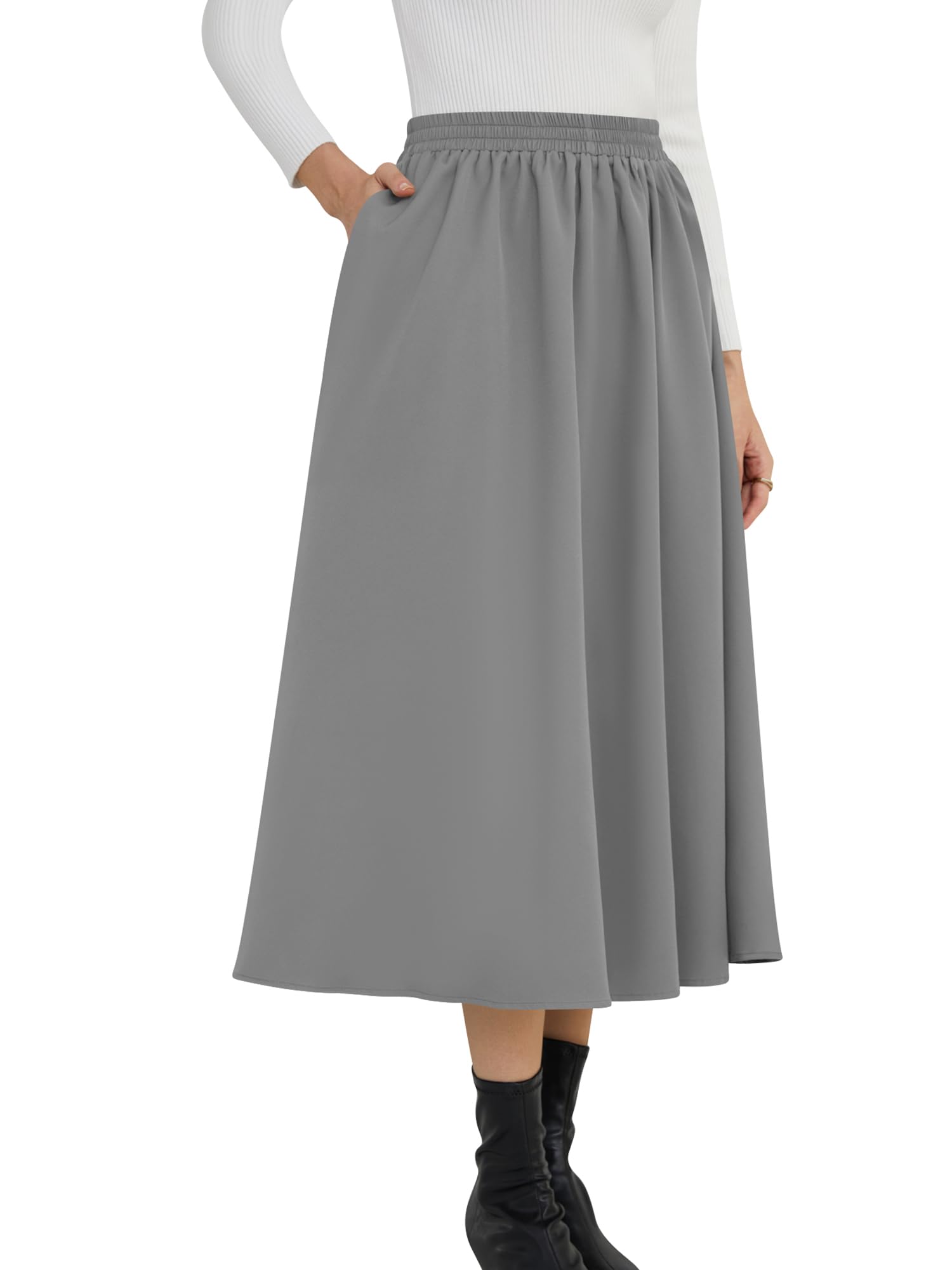 NASHALYLY Womens Midi Skirt High Waisted A-Line Pleated Elastic Casual Long Skirt with Pockets