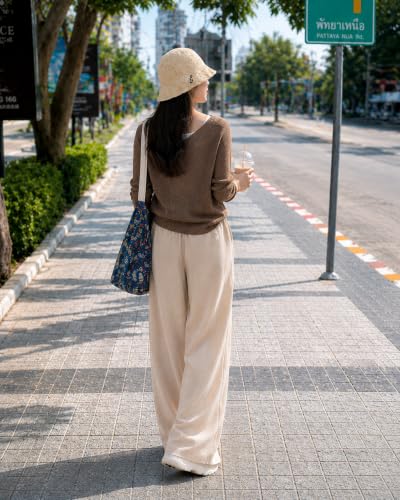 Image of CHICSTIT Women Cotton Wide Leg Trousers | Elastic Waist High Rise Palazzo Pants | Loose Fit /Straight Fit Casual Lounge Pants with Pockets