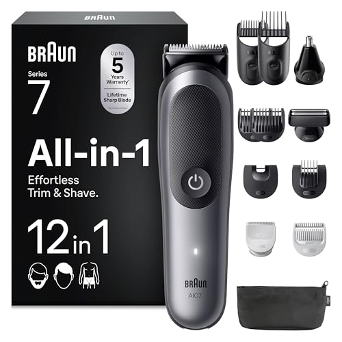 Braun Tondeuse Tout-En-Un Series 7, Kit 12-En-1, Lame ProBlade, Technologie AutoSense, 120 Min D'autonomie, Protection SkinGuard, Barbe En Dégradé, Manche AquaGrip...