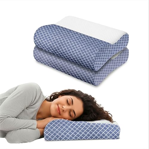 Image of Ergonomic Cervical Pillow Set of 2, Memory Foam Neck Support for Sleeping, Orthopedic Contour for Side and Back Sleepers, Slow Rebound, Washable Cover, Blue, 48 x 30 cm