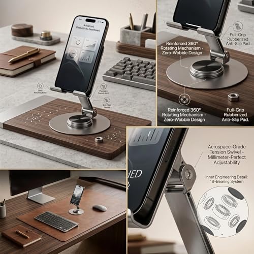 Image of Metal Mobile Phone Stand for Desk | Adjustable 360 Degree Rotating Foldable Holder for iPhone Android Smartphones | Anti Slip Stand for Video Calls Office Work