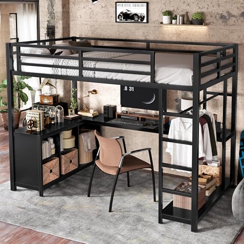 Image of Bellemave Twin XL Size loft Bed with L Desk, Wardrobe, Metal Twin XL Loft Bed Frame for Adults, Kids, Teens, Black