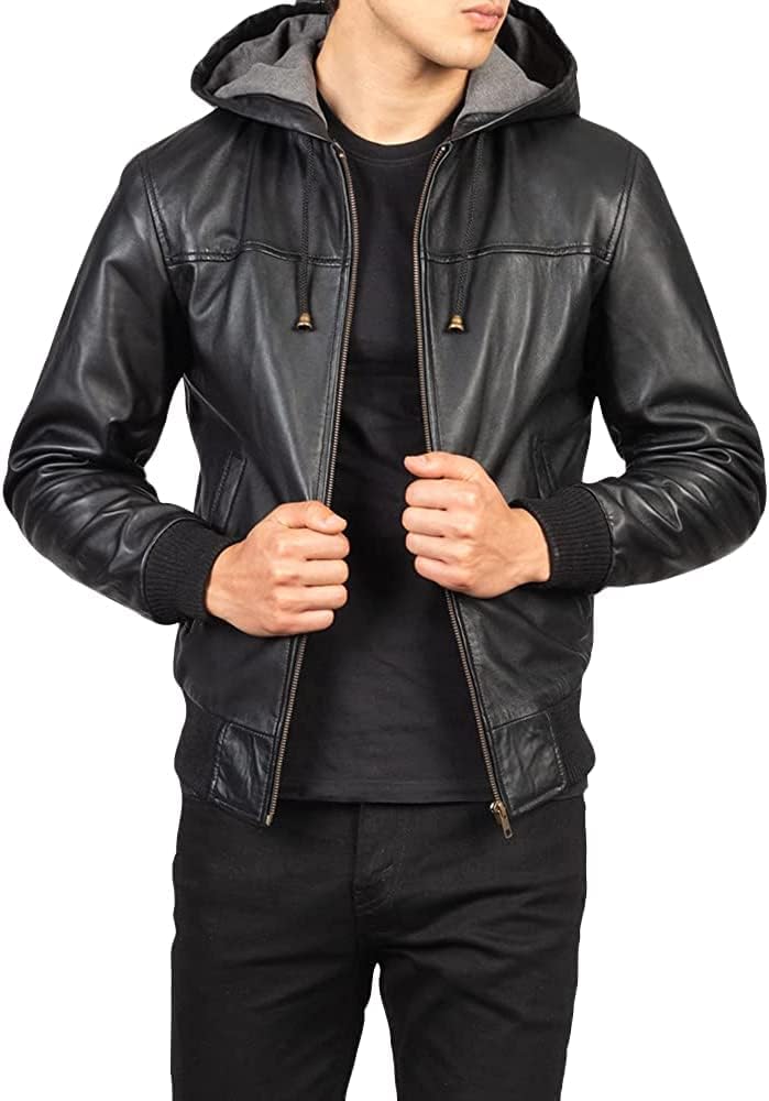 Jorde Calf Slim Fit Biker Black Hooded Leather Jacket | Motorcycle
