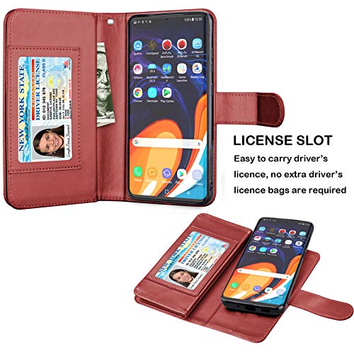 Njjex Galaxy S20 Plus Case, For Samsung Galaxy S20+ S20 Plus Wallet Case （6.7", [9 Card Slots] Pu Leather Id Credit Holder Folio Flip [Detachable] Kickstand Magnetic Phone Cover & Lanyard [Wine Red] #TOP2