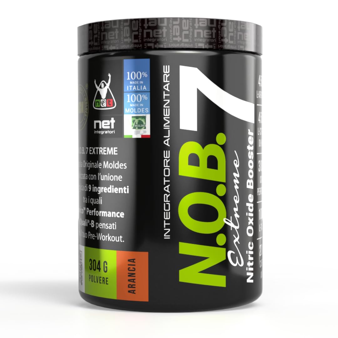 NET Integratori NOB 7 EXTREME - 340g Arancia - Pre Workout A Base Di Arginina - Aumento Energia e Crescita Muscolare, Maggiore sintesi Ossido Nitrico, Formula Potenziata Con Acqua Di Cocco