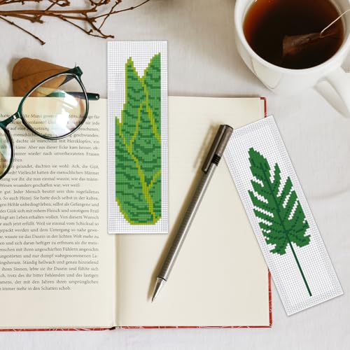 Image of INFUNLY 6PCS DIY Green Leaves Cross Stitch Bookmark Kits 7.9x2.4 Tropical Plant Stamped Embroidery Bookmarks Kit with Instruction Foliage Needlepoint Bookmark Kits for Book Lovers Readers Writers