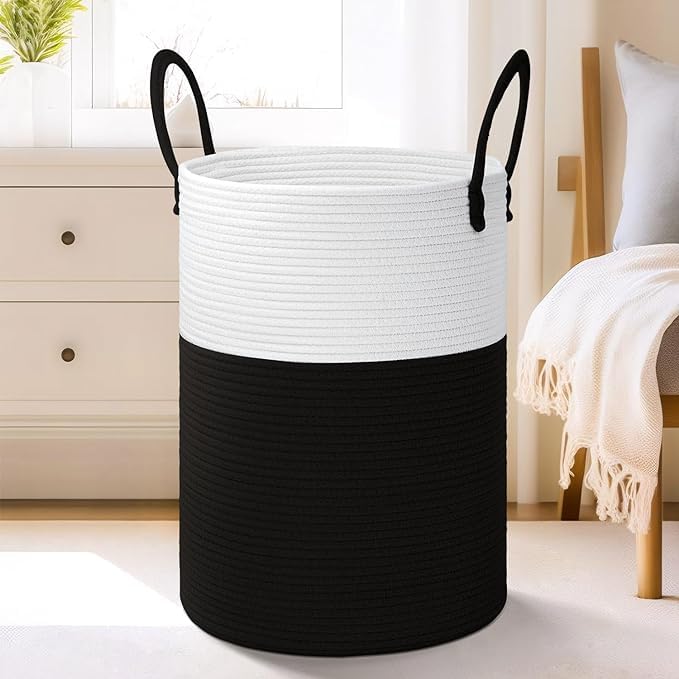 JMK Textile boho big Handmade Cotton Rope Laundry Basket Ideal for Toys baby Clothes Blankets gift hamper Decorative Solution for Home Organization living room kitchen bathroom | 002 JMK Textile boho big Handmade Cotton Rope Laundry Basket Ideal for Toys baby Clothes Blankets gift hamper Decorative Solution for Home Organization living room kitchen bathroom | 002
