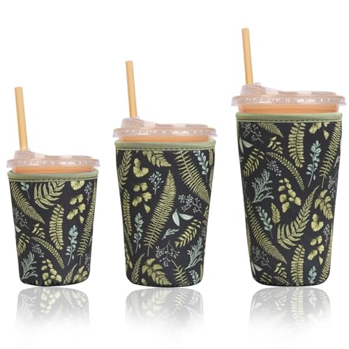 Image of Reusable Insulated Sleeve for Iced Coffee Cup, 3-Pack Coffee Neoprene Drink Sleeve for Cold & Hot Drinks, Beverage Holder for Iced Coffee (Earthy Ferns)