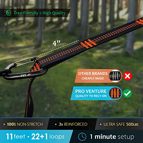 Pro Venture Hammock Straps And Carabiners Set | 22 Feet Total, 44+2 Loops | 1200Lbs Breaking Strength (500Lbs Rated) | Non-Stretch, Lightweight, Portable - Quick Setup | Heavy Duty, Tree Friendly #TOP1