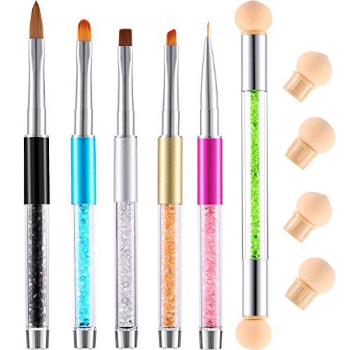 TOODOO 5 Pieces Acrylic Nail Brush UV Gel Nail Brush Pen Set and 1 Piece Double-ended Nail Gradient Shading Pen with 4 Sponge Heads (Colorful Pen and Rhinestone Style)