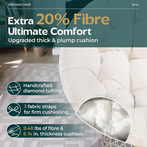 Image of Bme Ergonomic Wicker Papasan Chair with Soft Thick Density Fabric Cushion, High Capacity Steel Frame, 360 Degree Swivel for Living, Bedroom, Reading Room, Lounge, Arctic Snow - White Base