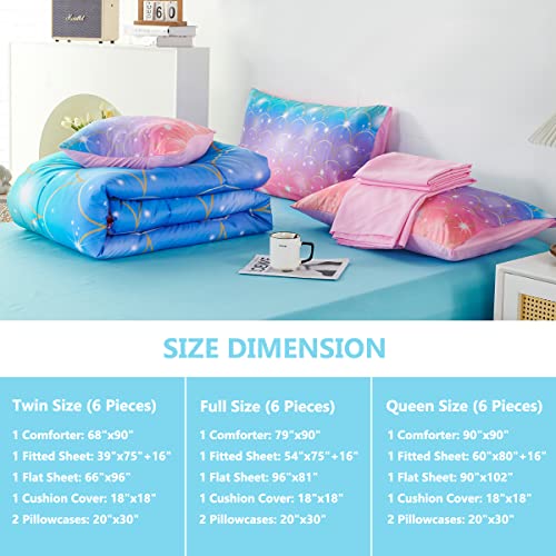 Perfemet Mermaid Print Girls Comforter Set Full Size - 6 Pieces Bed In A Bag -3D Sparkly Glitter Colorful Rainbow Bedding Set - Pink Purple Ombre Gradient Bed Set With Comforter And Sheets #TOP6
