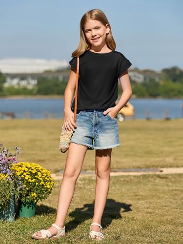 Image of Haloumoning Girls Cap Sleeve T Shirts Kids Summer Crewneck Solid Tops Tees 5-14 Years