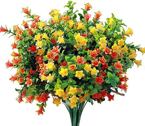 Bumhar Artificial Flowers Fake Outdoor Flower Arrangements Cemetery Flower Decor Plastic UV Resistant for Garden Table Centerpieces 8 Bundles(Orange Yellow)