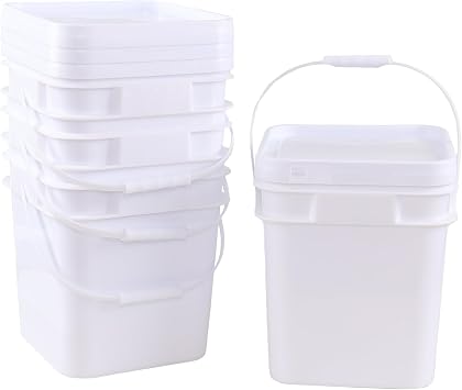 4 Pcs 3 Gallon Plastic Square Bucket Pail Container with Lid, White | Food Grade Square Bucket with Handle, Tight Sealing Lid, for Multi-Purpose Storage