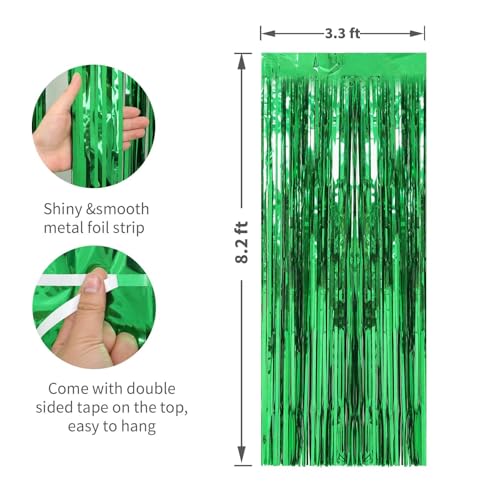 Image of 4 Pack Green Foil Fringe Curtains Streamers Party Decorations 3.3 x 8.2 ft, Blue Tinsel Curtain Fringe Backdrop for Parties, Door Fringe Birthday Streamers, Photo Booth Backdrops, Party Decor