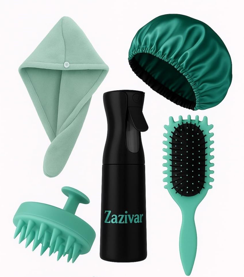 Zazivar Curly Hair Essentials Set - Mist Spray Bottle, curly hair Brush,Hair Shampoo Brush Head Scalp Massager Scrubber,Hair Towel Wrap,Satin Sleeping Bonnet-image-19