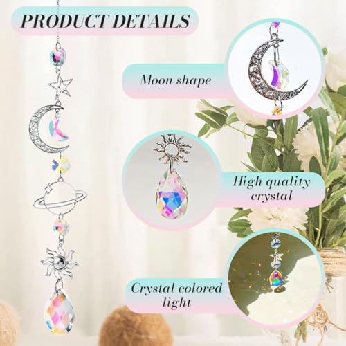 Image of HASTHIP 4Pcs Suncatcher Charm Room Decor, 34CM Sparkling Shining Crystal Sun Moon String Charm Hanging Ornament Wind Chime Suncatcher Charm for Door, Room, Gift