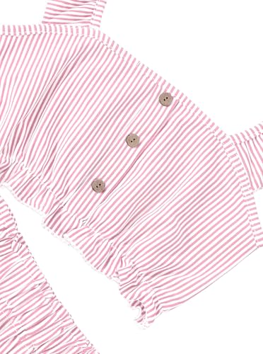 Image of Girl's Summer Clothing Sets Knit Ruffle Striped T-Shirt and Shorts 2 Piece Outfits