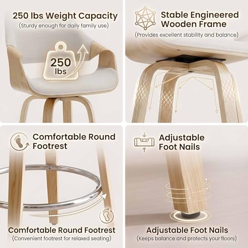 Image of 26'' Modern Barrel Swivel Counter Stools Counter Height Swivel Bar Stools with Backs Set of 2, Beige Chenille Upholstered Bar Height stools, Farmhouse Solid Wood Barstools for Kitchen Island, Home Bar