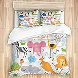 YUDILINSA Bettbezug mit Kissenbezug Quilt Bettwäsche-Set,Tiergiraffen-Elefantzebra-Schildkröte scherzt Kinderzimmer-Baby-themenorientierten Karikatur-Comic,135 x 200 cm