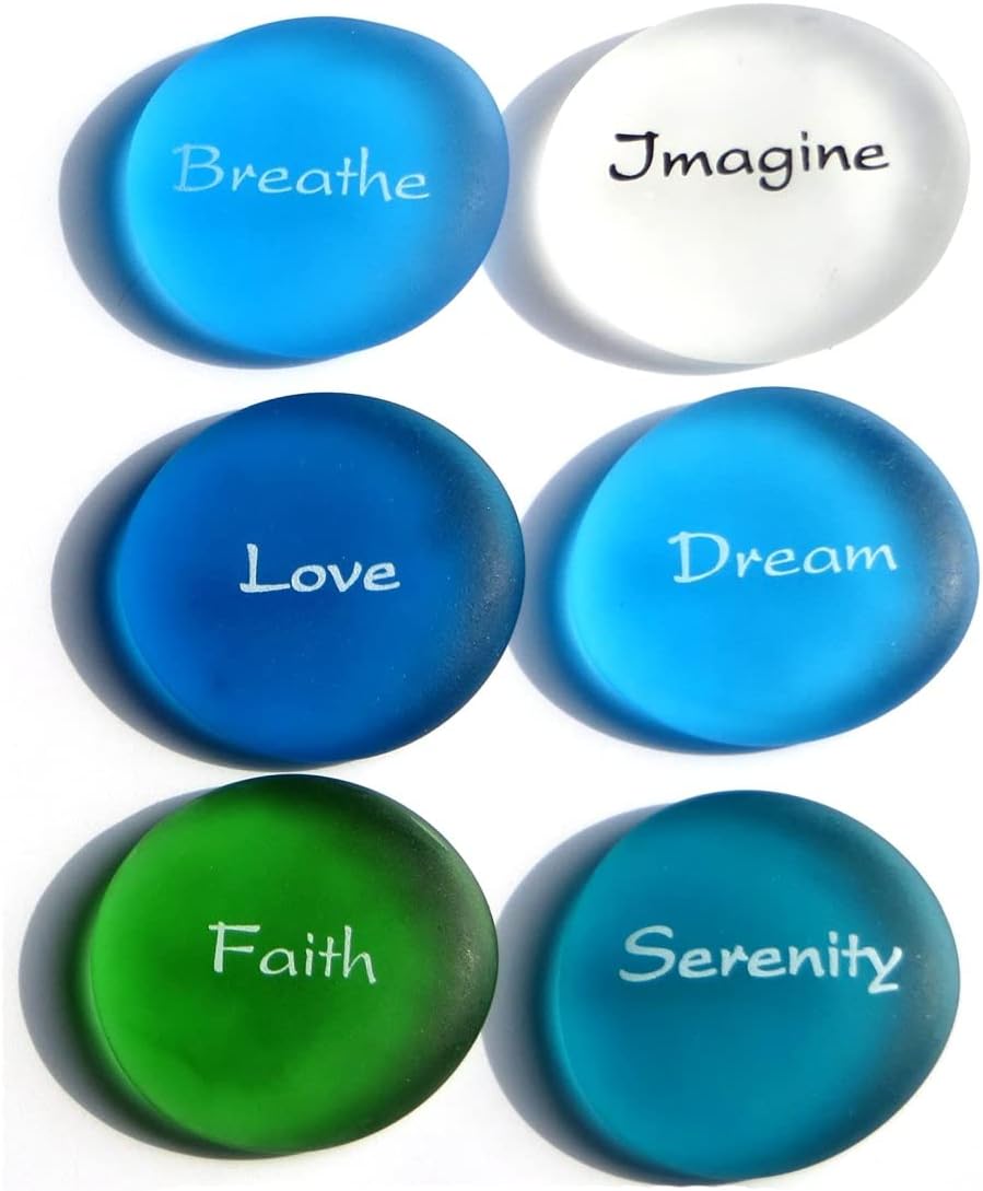 Lifeforce Glass The Mermaid's Message II, Frosted Sea Glass Stones, Six Inspiring Words in Beach Colors