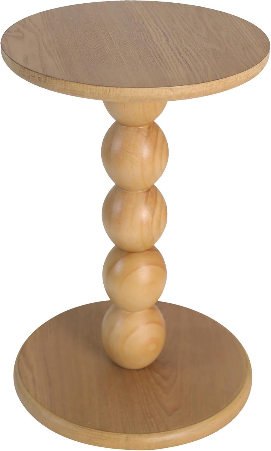 Small Round Wooden Side Table with Stacked Ball Pedestal Base, 12.4 X 17.32 Inches Accent Nightstand for Living Room Bedroom Corners Modern Decorative End Table (Natural)-image-7