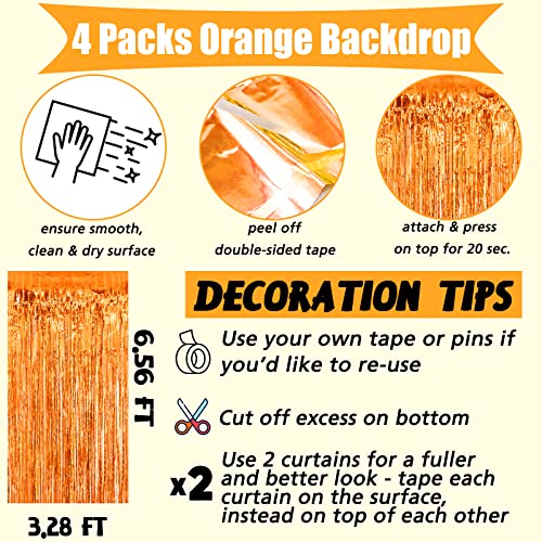 Image of 4 Pack Orange Fringe Curtain Backdrop, 3.2Ft x 6.6Ft Metallic Tinsel Foil Fringe Streamers Background for Photo Booth Birthday Wedding Baby Shower Carnival Easter Mother's Day Party Decorations