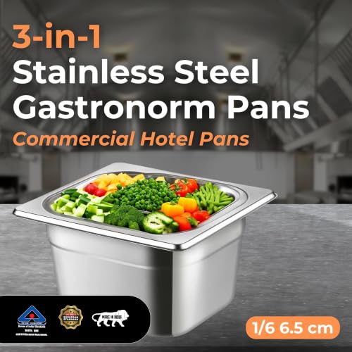 Image of HS Stainless Steel GN Pan Sixth Size 1 /6 65mm Depth 1L Capacity Anti-Jam Design 100% BIS Certified Raw Material European Standard Made in India 17.6 x 16.2 x 6.5 cm Professional Kitchen Grade