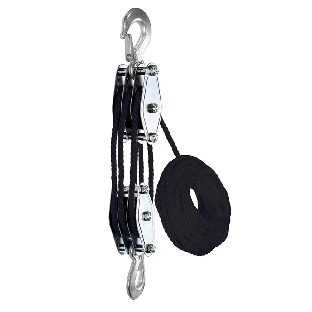 UDSKNV[KSL Handheld Crane Heavy Duty Polyethylene Rope Pulley Crane Rope Pulley Block Zinc Alloy Hook Hoist Manual Lifting Device 15m-3W