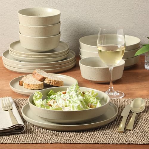 Image of Gibson Elite Overbrook 16-Piece Pottery Clay Stoneware Dinnerware Set - White Reactive Glaze, Stackable Plates and Bowls w /Pasta Bowl, Service for 4 - Microwave & Dishwasher Safe