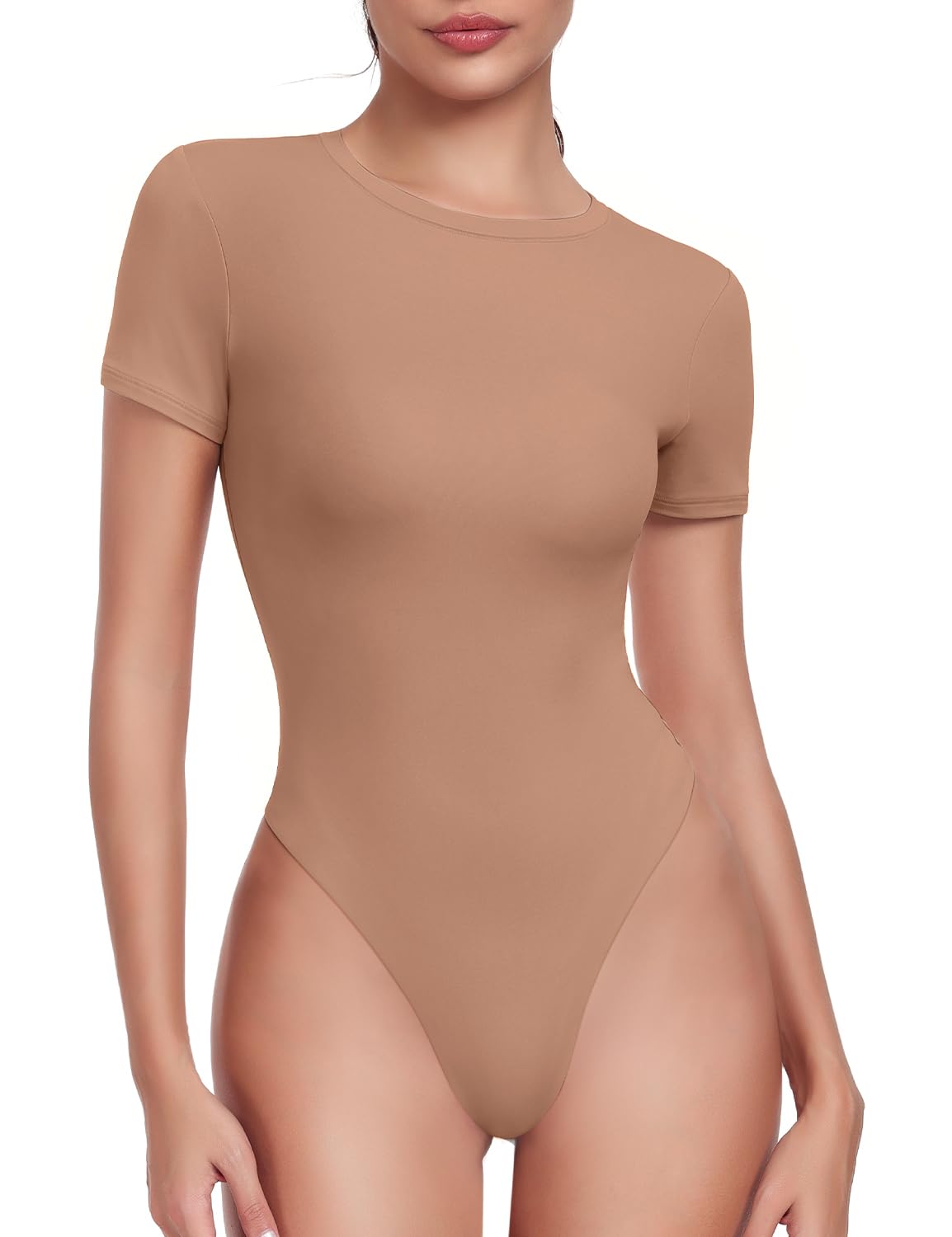 HeyNuts Women's Double Layer Ultra Soft Short Sleeve Crew Neck Thong Back/Brief Back T-Shirts Bodysuit, Causal Tops Basic Tee