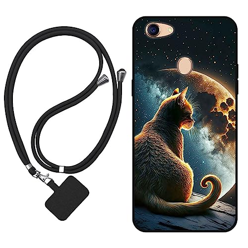 Sunrive Funda Compatible con OPPO F3 Plus,Slim Fit Gel Mate Carcasa Case Bumper de Impactos y Anti-Arañazos Espalda Cover (Luna,Estrellas,Gato)+1 X Correa Universal