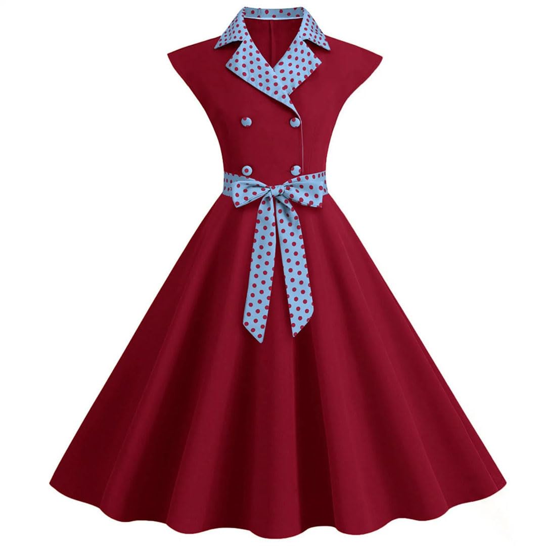 Elegancka damska sukienka z klapą, solidna sukienka w kropki, damska sukienka w stylu vintage, swing, rockabilly, na studniówkę, sukienka na imprezę, retro, sukienka midi do biura
