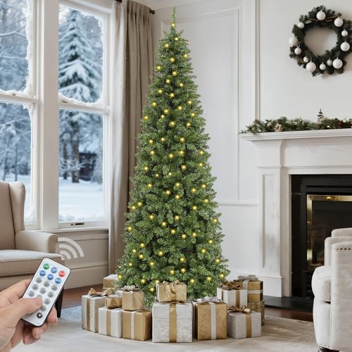 GOOBED Prelit Green Pencil Christmas Tree 6 FT, Slim Fraser Fir Christmas Tree with Remote for Compact Apartment, Xmas Tree with Dual Color 200 Lights & 700 Branch Tips for Home Office Holiday