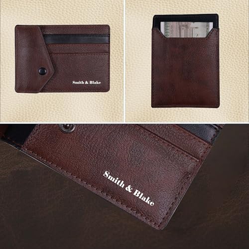 Image of Smith & Blake - Credit Card Holder Wallet for Men and Women - 3 ATM Card Slots - Snap Button Pocket - Back Pocket - Brown Premium Leatherette - Prospero