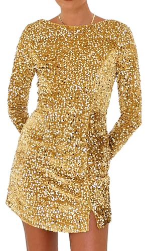 Image of R.Vivimos Women's Sequin Bodycon Dress Fall Winter Velvet Warm Long Sleeve Crew Neck Sexy Backless Glitter Slit Mini Dress