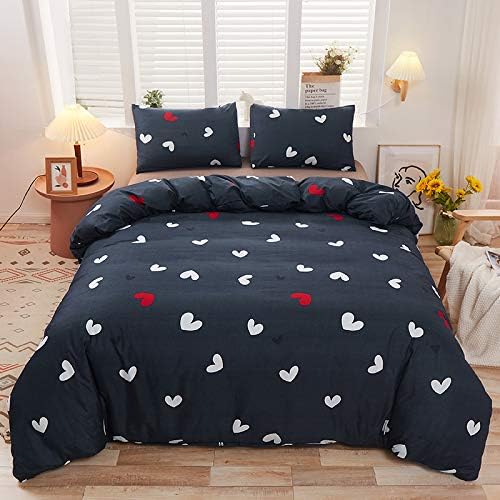 Lightweight Hotel Luxury Duvet Cover 3 Piece Set -Love Heart Ultra Soft Premium Microfiber Breathable Comforter Cover with Zipper Closure, Corner Ties and 2 Pillow Sham, Full/Queen (90x90 inches)