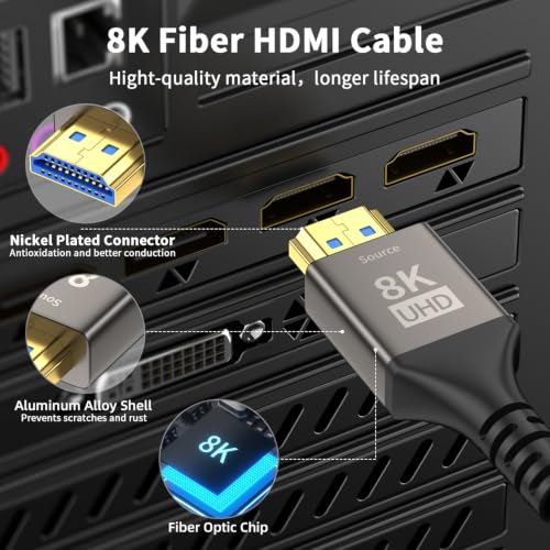 Image of 8k Fiber Optic Hdmi Cable 300ft Ultra High Speed HDMI 2.1 Cable 8K@60HZ 4K@120HZ 48Gbps Unidirectional HDMI Cord Support HDTV,Monitor Laptop,PS5,Xbox,HDCP 2.2&2.3,HDR10,eARC,3D,etc.