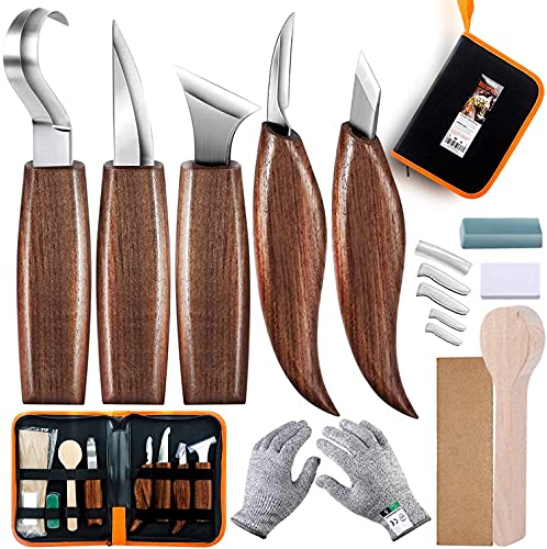 Wood Carving Tools 5 in 1 Knife Set - Includes Hook Knife, Whittling Knife, Detail Knife, Carving Knife Sharpener for Spoon Bowl Cup Kuksa for Kids & Beginners
