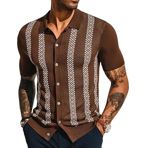 PJ PAUL JONES Men’s Vintage Polo Shirt Geometric Patterns Stripe Knit Casual Button Down Shirts