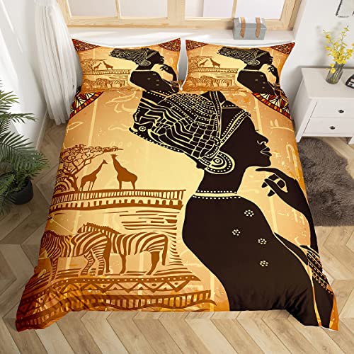 Housse de Couette Imprimé Femme Africaine Parure de Lit sur le thème de la Femme Africaine 220x240cm Housse de Couette Motif Africain pour Enfants Microfibre...