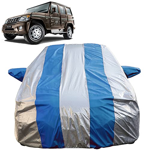 Image of Autofact Waterproof Car Body Cover Compatible with Mahindra Bolero (2011 to 2022) with Mirror Pockets (Blue Stripes with Shinning Silver Fabric /Waterproof Cover)
